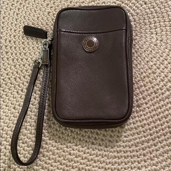 Coach Handbags - Coach Dark Brown Leather Wristlet Pouch
